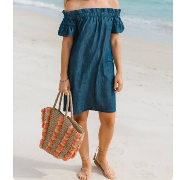 Anthropologie Corey Lynn Calter Women's Small Chambray Off Shoulder Ruffle Dress - Picture 1 of 7